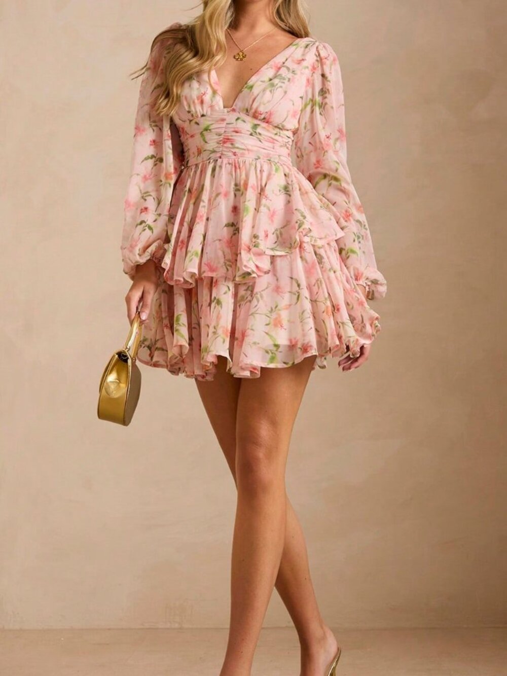 Baby Pink Boho Women's Romantic Floral Print V-Neck Long Sleeve Mini Dress - Picture 3 of 7